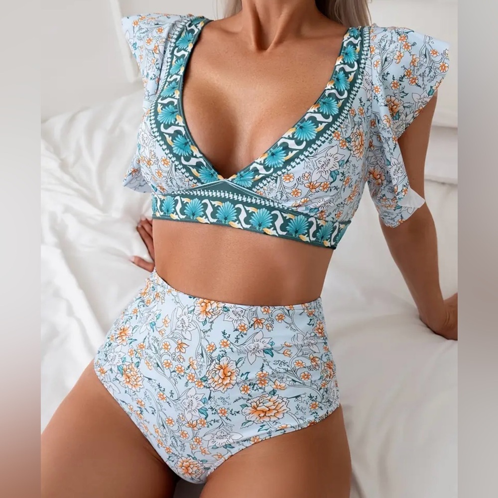 Floral Print Flutter Sleeves V Neck High Waisted Bikini Set